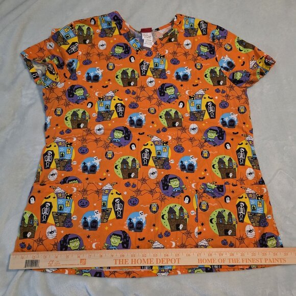 Halloween Dickies Womens Scrub Top XL Pumpkin Frankenstein Ghost Haunted House - Picture 12 of 15